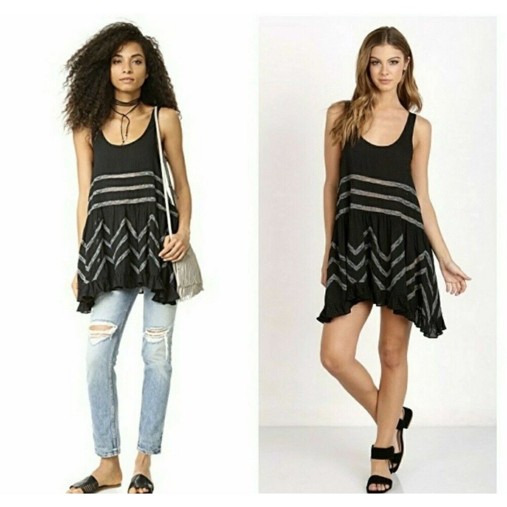 Intimately Free People Dress Black Gray Polka Dots Chevron Lace Ruffled Size XS